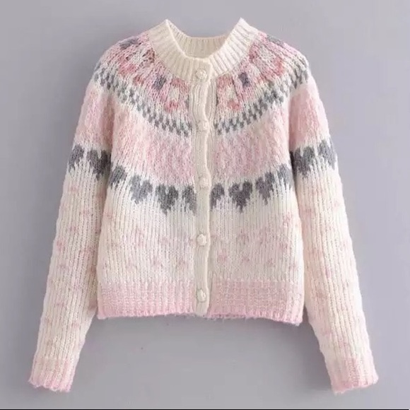 Cardigan sweater heart pink white rose button knit boho women thick - Picture 2 of 6